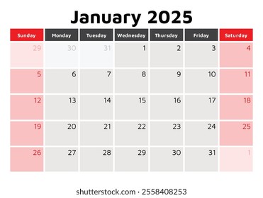 2025 january calendar. A vector English winter monthly calendars. Design with Sunday start