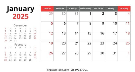 2025 january calendar. A vector English monthly. Winter month. Design with Sunday start