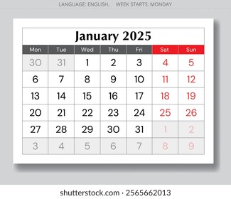 2025 january calendar. Vector English monthly page. Design with Monday start