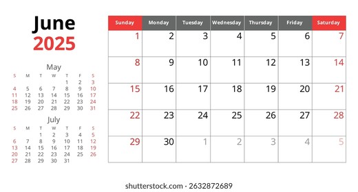 2025 january calendar. A vector English monthly. Summer month. Design with Sunday start