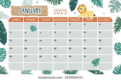 2025 January calendar week start on Sunday with safari style for horizonral printable design