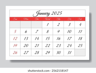 2025 January English calendar. A vector illustration of monthly page. Design with Sunday start