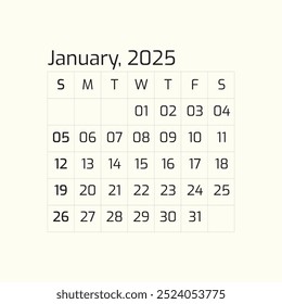 2025 January Year all months calendar Single Page corporate wall 2025 12 months calendar template, Professional style