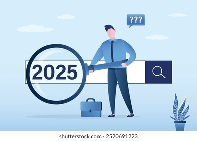 2025 job research or vision. New Year resolution. New business opportunities or career challenges. Businessman uses magnifying glass for discovering website from search box. flat vector illustration