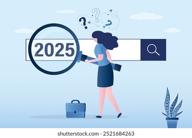 2025 job research or vision. New Year resolution. New business opportunities or career challenges. Businesswoman uses magnifying glass for discovering website from search box. flat vector illustration