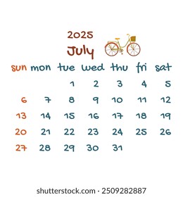 2025 july calendar with bicycle with basket. Colorful modern calendar, monthly planner. Vector hand drawn illustration. Modern simple design. Summer month