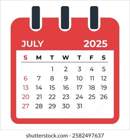 2025 July Calendar Design Red Monthly Planner Weekday Schedule