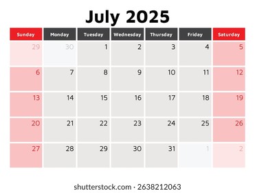 2025 july calendar. A vector English monthly calendars. Design with Sunday start
