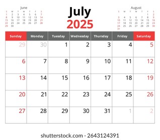 2025 july calendar. A vector English monthly calendars. Design with Sunday start