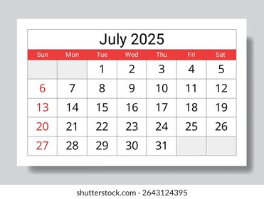 calendário de julho de 2025. Calendários de páginas mensais em inglês vetorial. Design com início aos domingos