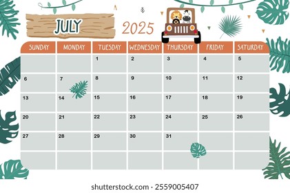 2025 July calendar week start on Sunday with safari style for horizonral printable design