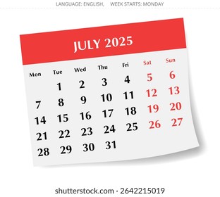 2025 july English calendar. A vector illustration of monthly paper page with shadow. Design with Monday start
