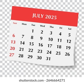 2025 July English calendar. A vector illustration of monthly paper page with transparent background