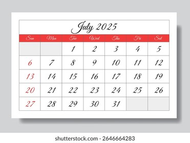 2025 julho calendário inglês. Uma ilustração vetorial de página mensal. Design com início aos domingos