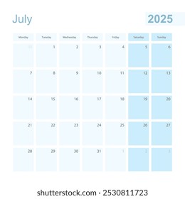 2025 julho planejador de parede na cor pastel azul, semana começa na segunda-feira. Calendário para julho de 2025 com quadrado azul e com dia do mês anterior e do próximo mês.