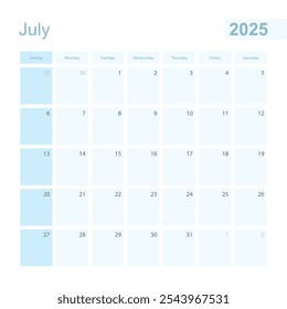 2025 planificador de pared de julio en color azul, la semana comienza el domingo. Calendario para julio de 2025 con día del mes anterior y siguiente.