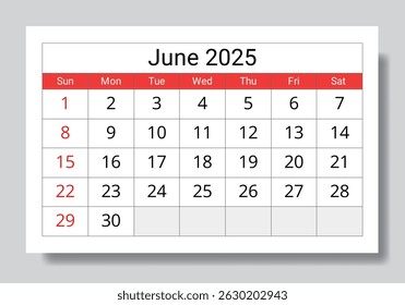 2025 june calendar. A vector collection of English monthly page calendars. Design with Sunday start