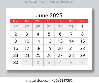 Calendario de junio de 2025. Una colección de Vectores de páginas mensuales en inglés. Diseño con inicio de lunes