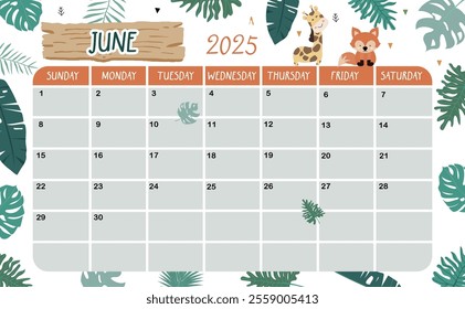 2025 June calendar week start on Sunday with safari style for horizonral printable design