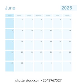 Planificador de pared de junio de 2025 en color azul, la semana comienza el domingo. Calendario para junio de 2025 con día del mes anterior y siguiente.