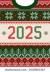 2025 De Malha Feliz Ano Novo Design Festivo Férias Feia Camisola Padrão . Padrões de malha vermelho festivo, verde, branco. Divertido ambiente de férias acolhedor, toque de nostalgia. Festa do Suéter Feio.