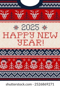 2025 Knitted Happy New Year Design Festive Holiday Ugly Sweater Pattern . Festive red, blue, white knitted patterns. Fun cozy holiday atmosphere, touch of nostalgia. Ugly Sweater Party.