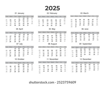 2025 Landscape Calendario blanco y negro. 2025 Plantilla Horizontal del calendario en blanco y negro. 