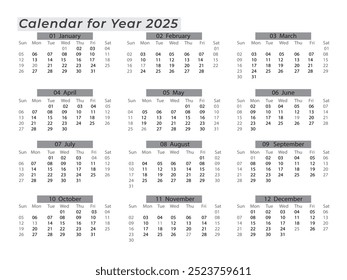 2025 Landscape Black and White Calendar. 2025 Horizontal Black and White Calendar Template. 