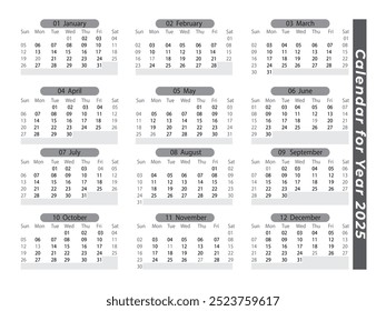 2025 Landscape Black and White Calendar. 2025 Horizontal Black and White Calendar Template. 