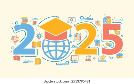 Plano de aprendizado 2025 com ícones na sala de aula ou on-line. Conceitos de aprendizagem em educação na escola ou na universidade. Conhecimento de ideias de tecnologia inovadora, ciência. Infográfico vetorial para voltar à escola