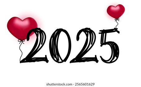 2025 lettering isolated on white background. Hand-drawn numbers 2025 decorated with bright 3D hearts. New Year design concept.