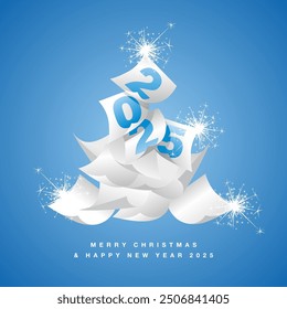 2025 light blue numbers on white falling calendar sheets. Merry Christmas and Happy New Year 2025 falling sheets of paper form a Christmas tree greeting card on ligh blue background