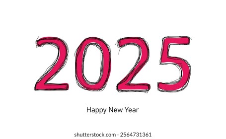 2025 line drawing of shape. hand drawn style. line drawing happy new year. rough lines. thin line art freehand font. outline drawing. vector illustration