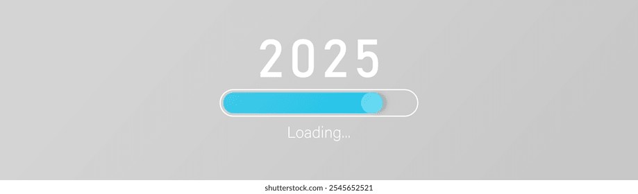 2025 loading bar on gray background. New year downloading.