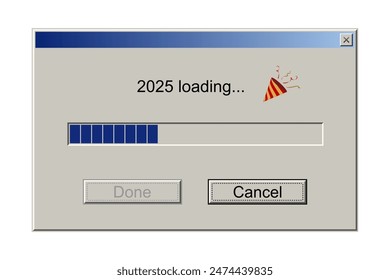2025 loading notification message in classic retro style of system user interface vector illustration. Retro download bar and buttons, window design mockup with upload progress of New Year holiday.