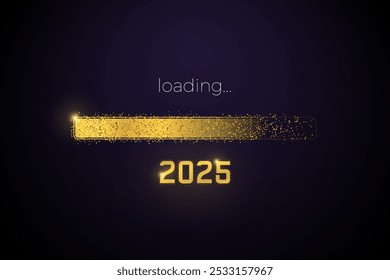 Barra de progreso de carga de 2025 que llega a finales de 2024. Feliz Año Nuevo Vector. Pantalla de carga digital de víspera de año Nuevo con Elementos festivos de confeti con purpurina.