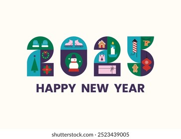 2025 logo Happy New Year. Creative greeting concept with winter elements. Template for banner, postcard, invitation, flyer.