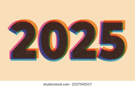 2025 logotype with riso print effect. Graphic element for flyer, wallpaper, poster. Graphic element. Vintage decoration of 70s 80s, 90s. Aesthetics of the risograph. Deep space surfaces. 2025 poster