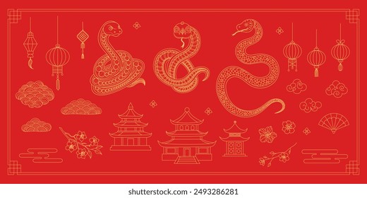 2025 Lunar Chinese New Year gold icons vector set. A red background with a snake, flower, clouds, lantern.