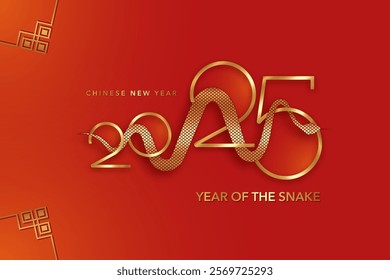 2025 Lunar Chinese New Year gold texture in red background. Year of the Snake. Vector modern art design for cover, card, poster, banner, logo design, isolated. Chinese zodiac Snake symbol