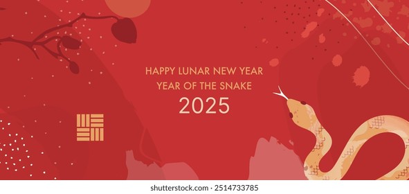 2025 Lunar New Year Banner with Golden Snake, Red Blossom Branches and Minimalist Design for Year of the Snake