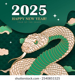 Banner de Ano Novo Lunar 2025 com papel desenhado à mão cortar serpente nuvens asiáticas, estrelas, quadro em fundo verde com escamas de répteis e texto de saudação. Cartão, cartaz em estilo oriental de arte em papel. Conceito CNY