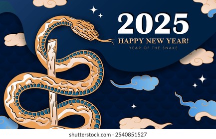 2025 Lunar New Year banner with hand drawn snake coiled around a stick, Asian clouds, stars on dark blue background with reptile scales and greeting text. Card, poster in oriental paper cut style