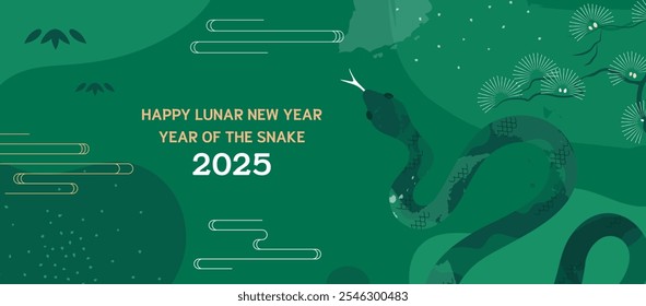 2025 Lunar New Year Banner. Year of the Snake with Serene Green Design, Pine Trees, and Minimalist Serpent Illustration for Traditional Celebration