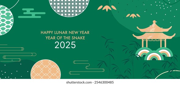 Anuncio del Año Nuevo Lunar 2025. Año del diseño de la serpiente con pagoda, bambú y patrones geométricos tradicionales sobre un fondo verde