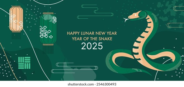 Anuncio del Año Nuevo Lunar 2025. Año del diseño de la serpiente con ilustración de serpiente elegante, linternas colgantes y patrones tradicionales sobre un fondo verde