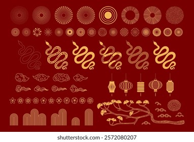 2025 Lunar New Year collection, snakes, fireworks, abstract design elements, flowers, clouds, pine, gold on red. Chinese text Happy New Year. Line art vector illustration. CNY card, banner clipart