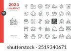 2025 Lunar New Year Icons Set. Thin Line Illustrations of Lunar New Year Traditions Including Year of the Snake, Firecrackers, Lanterns, Fortune Cookies, and Mooncakes for Festive Cultural Designs