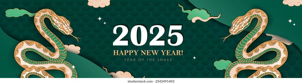 2025 Lunar New Year panoramic banner with hand drawn coiled snakes, Asian clouds, stars on green background with reptile scales and greeting text. Vintage header in oriental paper cut style, CNY