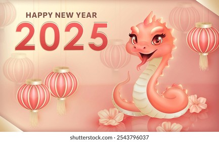 2025 Lunar New Year of the Snake greeting card with cute cartoon 3d pink snake, surrounded by red realistic Chinese lanterns and beige plum blossom flowers. Three dimensional poster in asian style